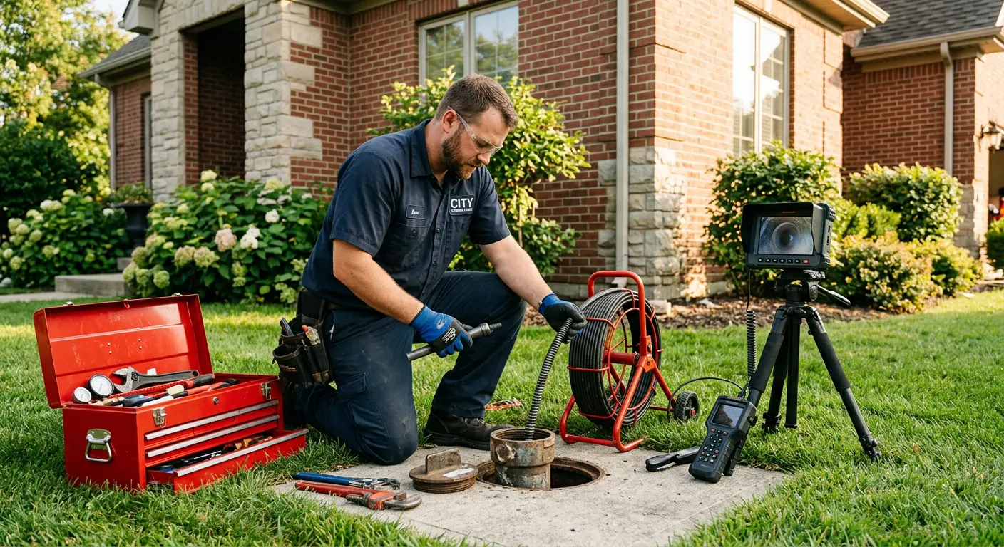 Sewer specialist with camera equipment servicing a cleanout in Jericho